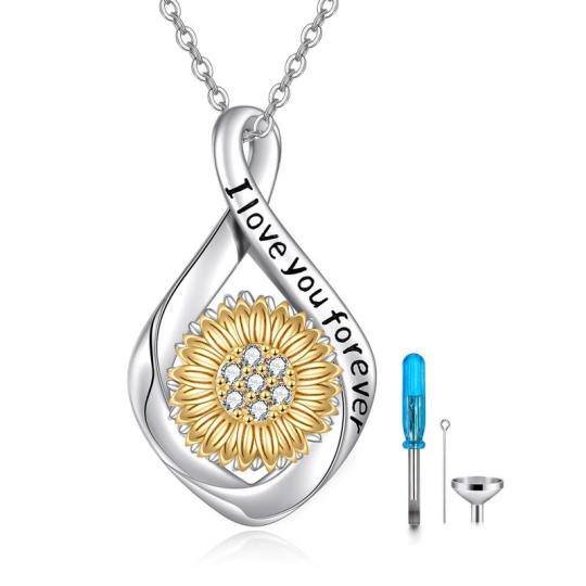 Collana d'argento bicolore circolare a forma di girasole in zirconia cubica per le ceneri con parola incisa