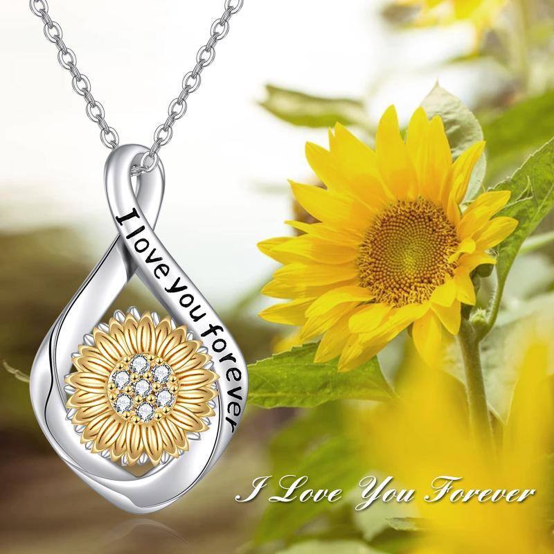 Collana d'argento bicolore circolare a forma di girasole in zirconia cubica per le ceneri con parola incisa-6