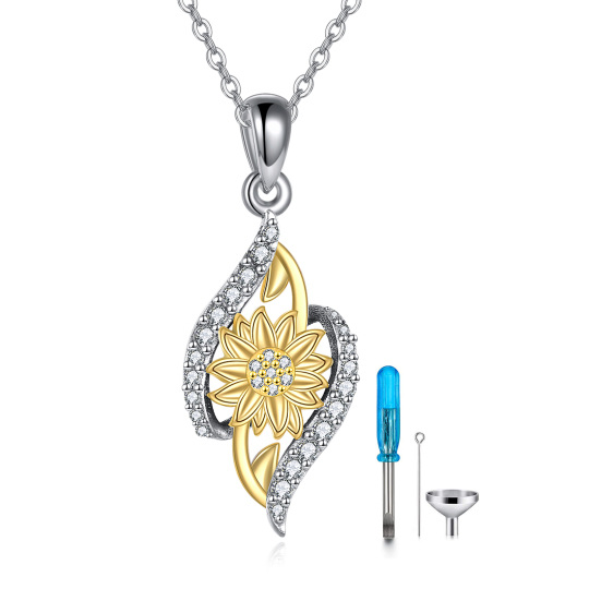 Sterling Silver Two-tone Circular Shaped Cubic Zirconia Sunflower Urn Necklace for Ashes