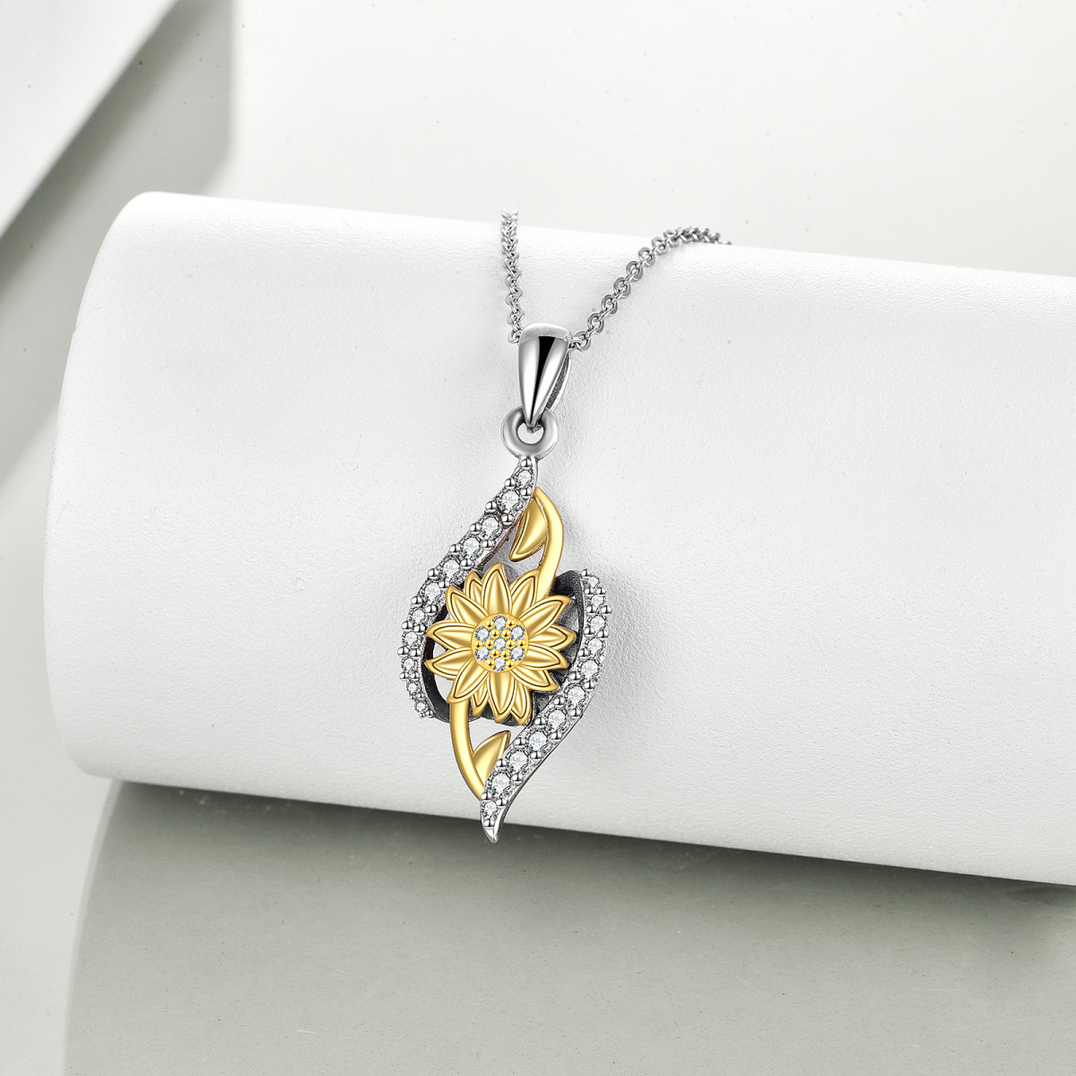 Sterling Silver Two-tone Circular Shaped Cubic Zirconia Sunflower Urn Necklace for Ashes-3