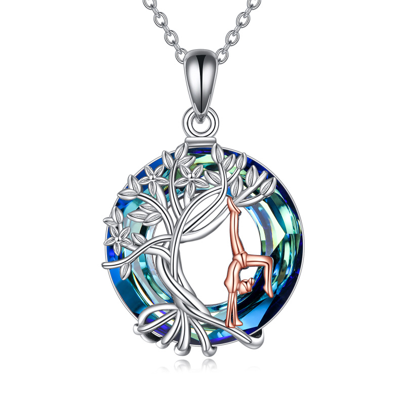 Sterling Silver Two-tone Circular Shaped Tree Of Life & Gymnast Crystal Pendant Necklace-7