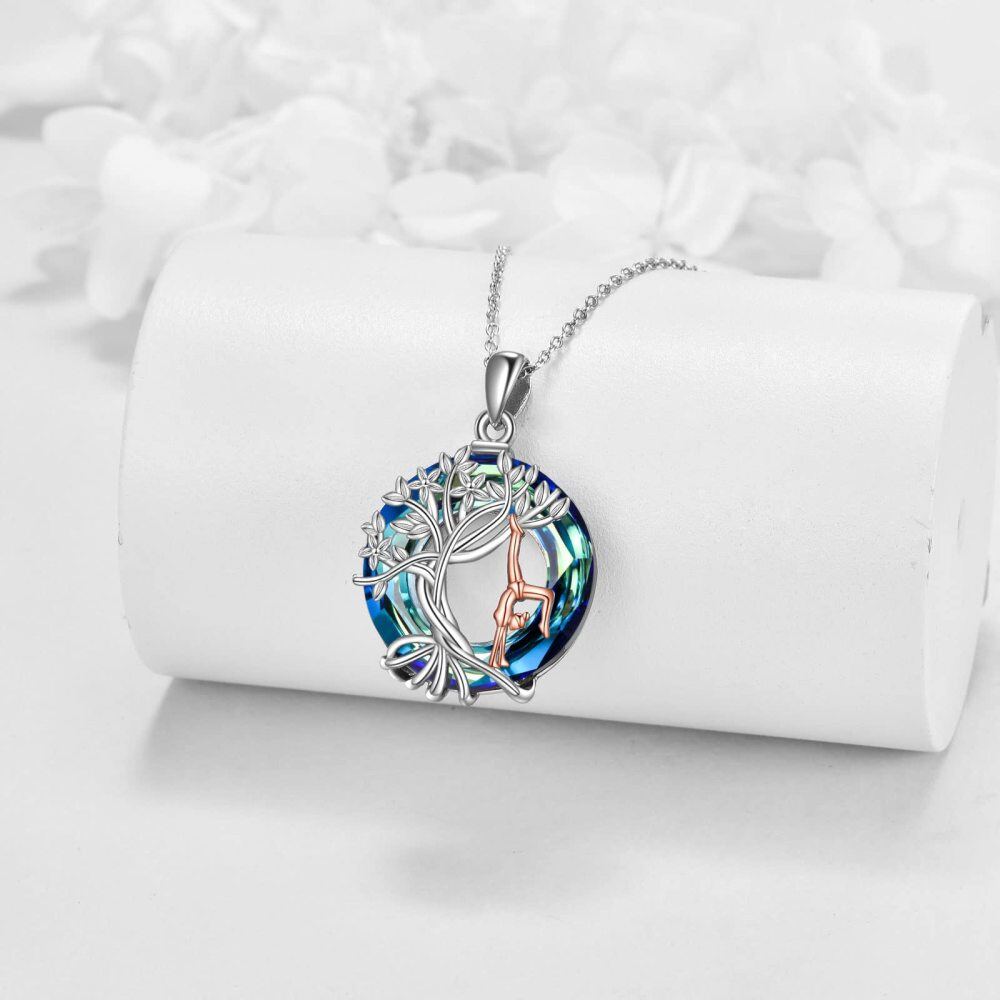 Sterling Silver Two-tone Circular Shaped Tree Of Life & Gymnast Crystal Pendant Necklace-3
