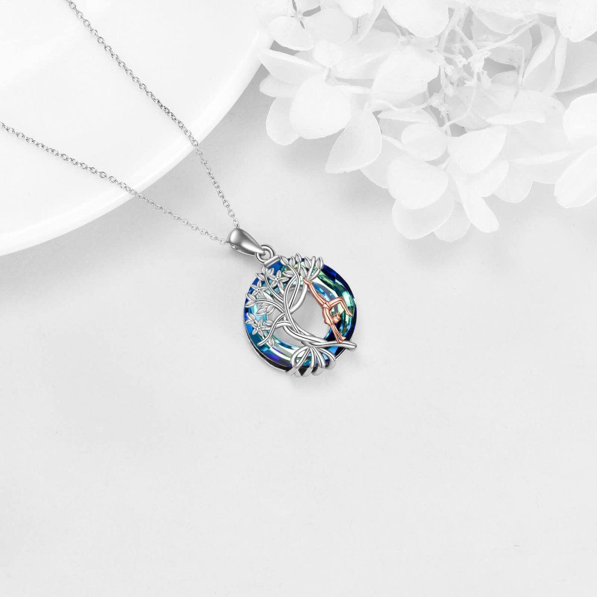 Sterling Silver Two-tone Circular Shaped Tree Of Life & Gymnast Crystal Pendant Necklace-4