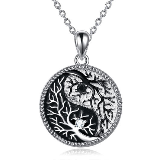 Sterling Silver Two-tone Circular Shaped Cubic Zirconia Tree Of Life Pendant Necklace