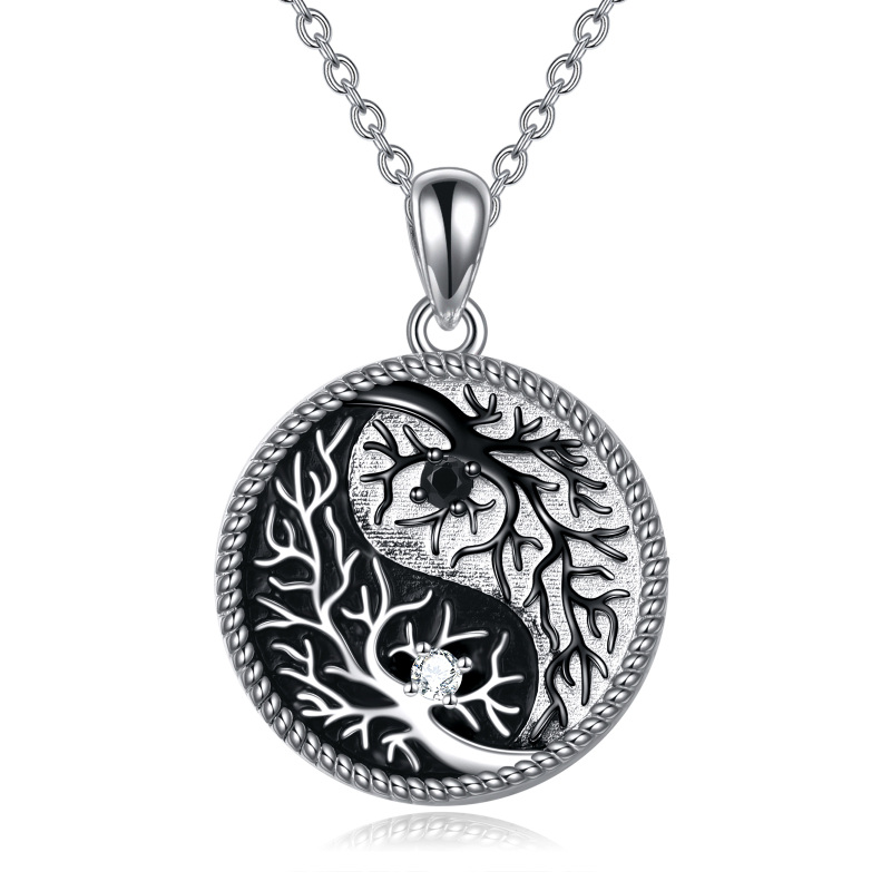 Sterling Silver Two-tone Circular Shaped Cubic Zirconia Tree Of Life Pendant Necklace-7