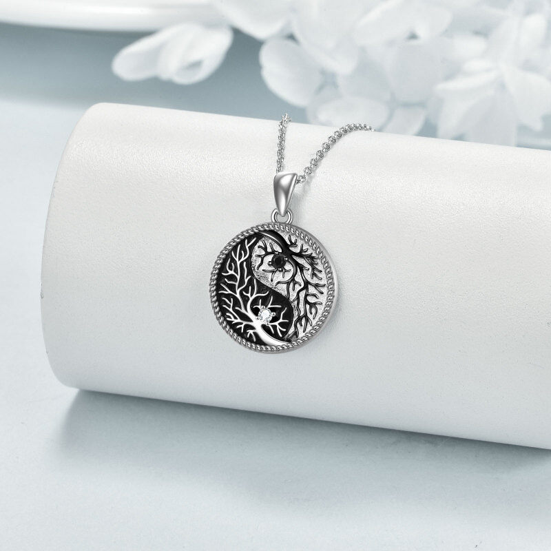 Sterling Silver Two-tone Circular Shaped Cubic Zirconia Tree Of Life Pendant Necklace-3