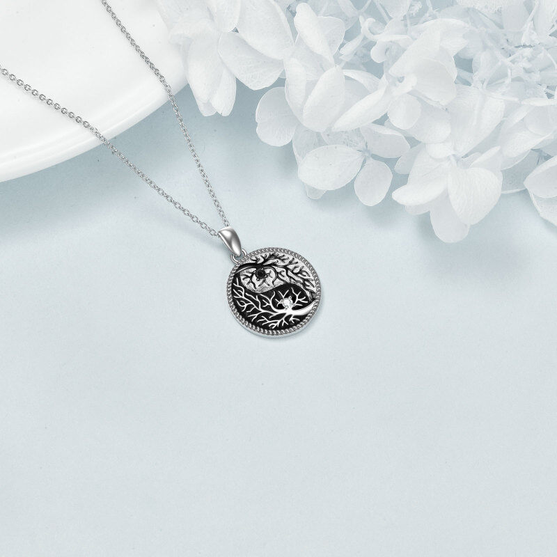 Sterling Silver Two-tone Circular Shaped Cubic Zirconia Tree Of Life Pendant Necklace-4