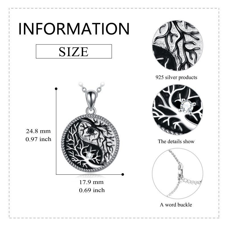 Sterling Silver Two-tone Circular Shaped Cubic Zirconia Tree Of Life Pendant Necklace-5