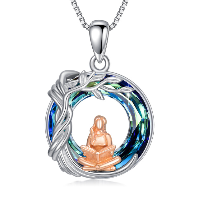 Sterling Silver Two-tone Circular Shaped Tree Of Life & Reading Girl Crystal Pendant Necklace-1