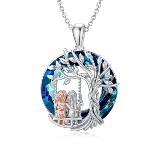 Sterling Silver Two-tone Circular Shaped Tree Of Life & Sisters & Swing Crystal Pendant Necklace