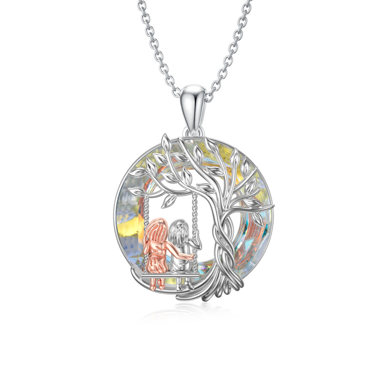 Sterling Silver Two-Tone Circular Crystal Tree Of Life Sisters Swing Pendant Necklace For Women-1