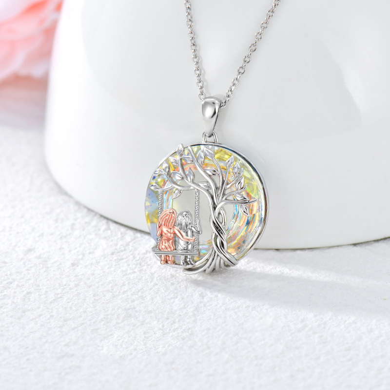 Sterling Silver Two-Tone Circular Crystal Tree Of Life Sisters Swing Pendant Necklace For Women-3