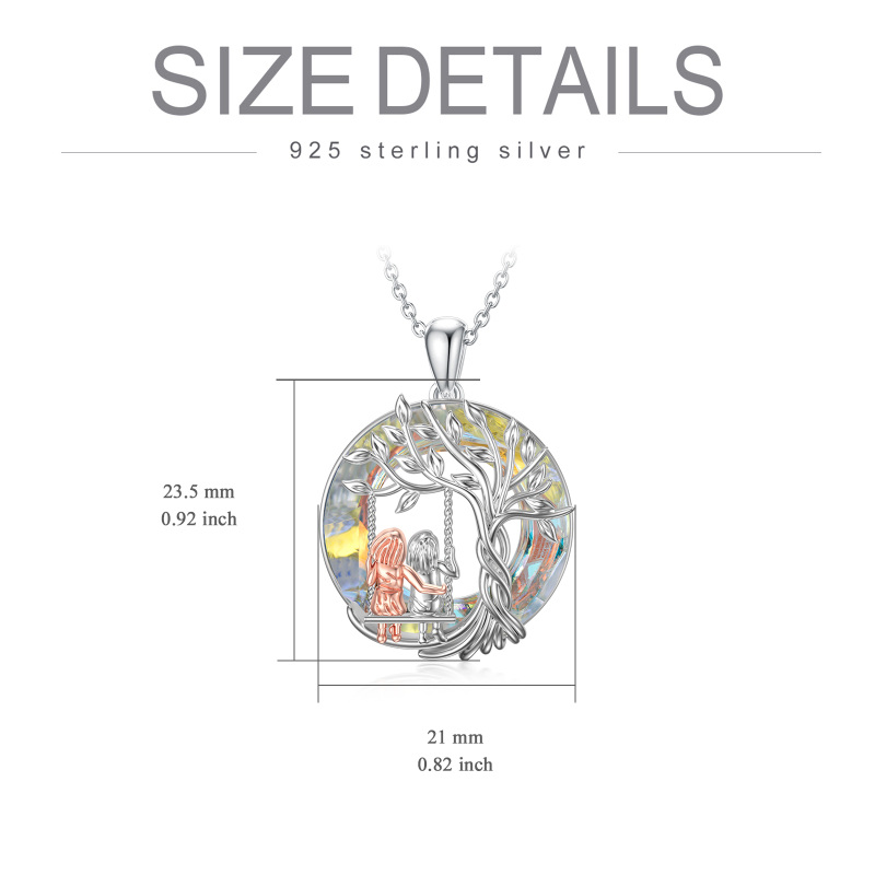 Sterling Silver Two-Tone Circular Crystal Tree Of Life Sisters Swing Pendant Necklace For Women-5