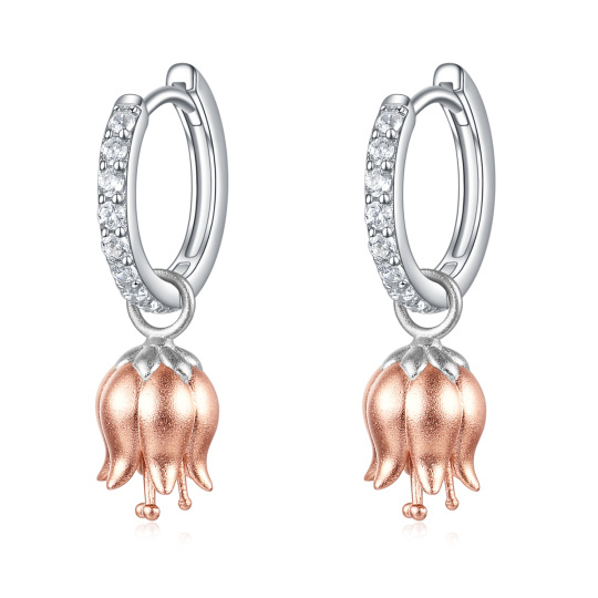 Orecchini a goccia a forma di tulipano con zirconi circolari in argento sterling bicolore