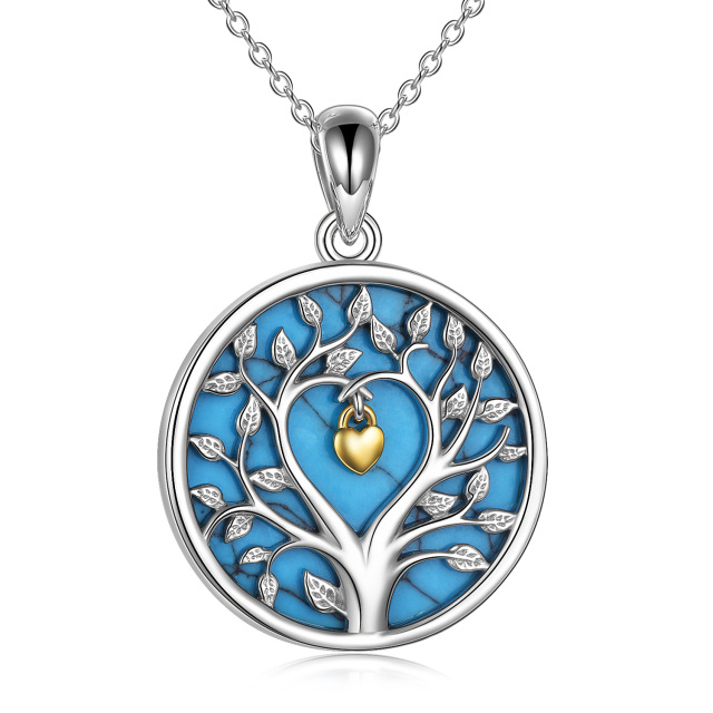 Sterling Silver Two-tone Circular Shaped Turquoise Tree Of Life Coin Pendant Necklace-1