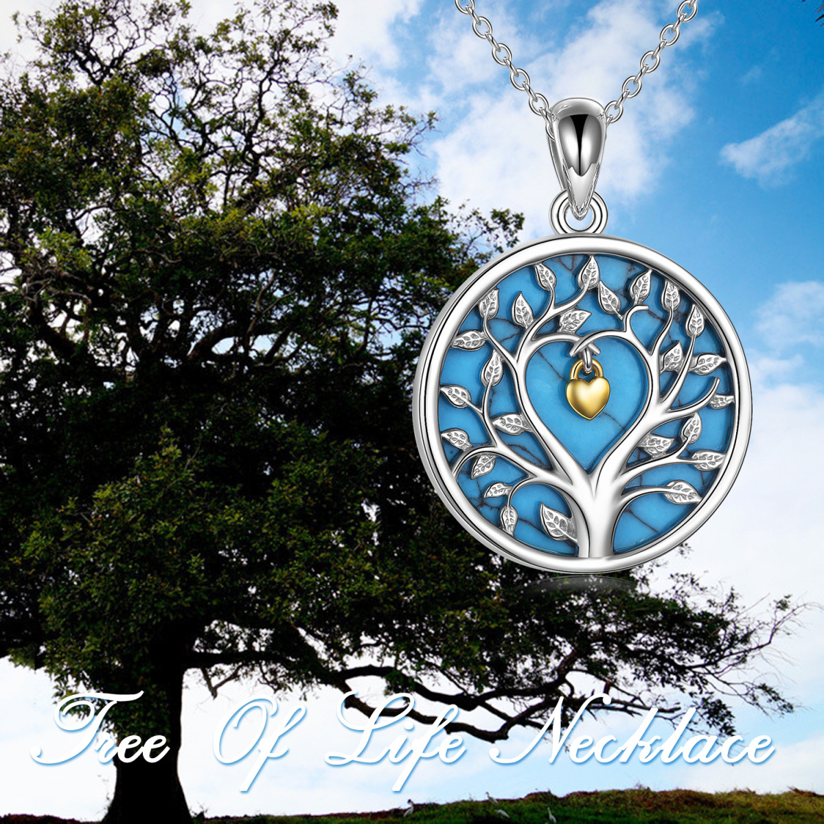 Sterling Silver Two-tone Circular Shaped Turquoise Tree Of Life Coin Pendant Necklace-5