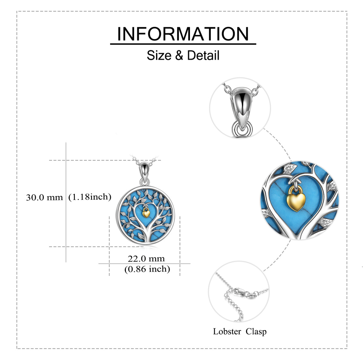 Sterling Silver Two-tone Circular Shaped Turquoise Tree Of Life Coin Pendant Necklace-6