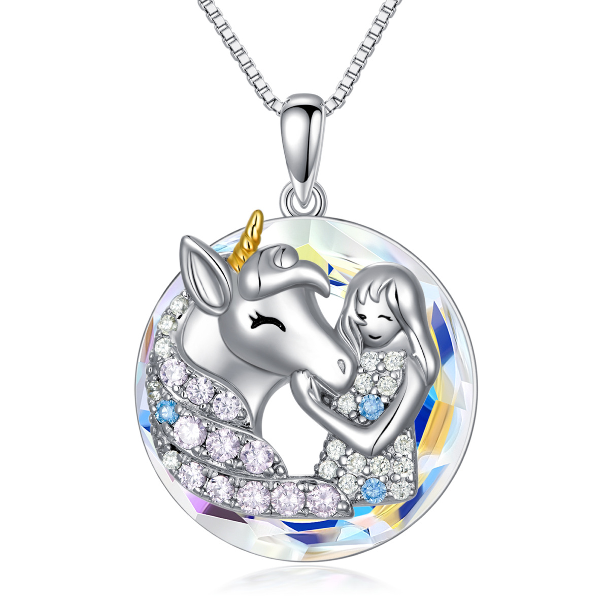 Sterling Silver Two-tone Circular Shaped Unicorn Crystal Pendant Necklace-1