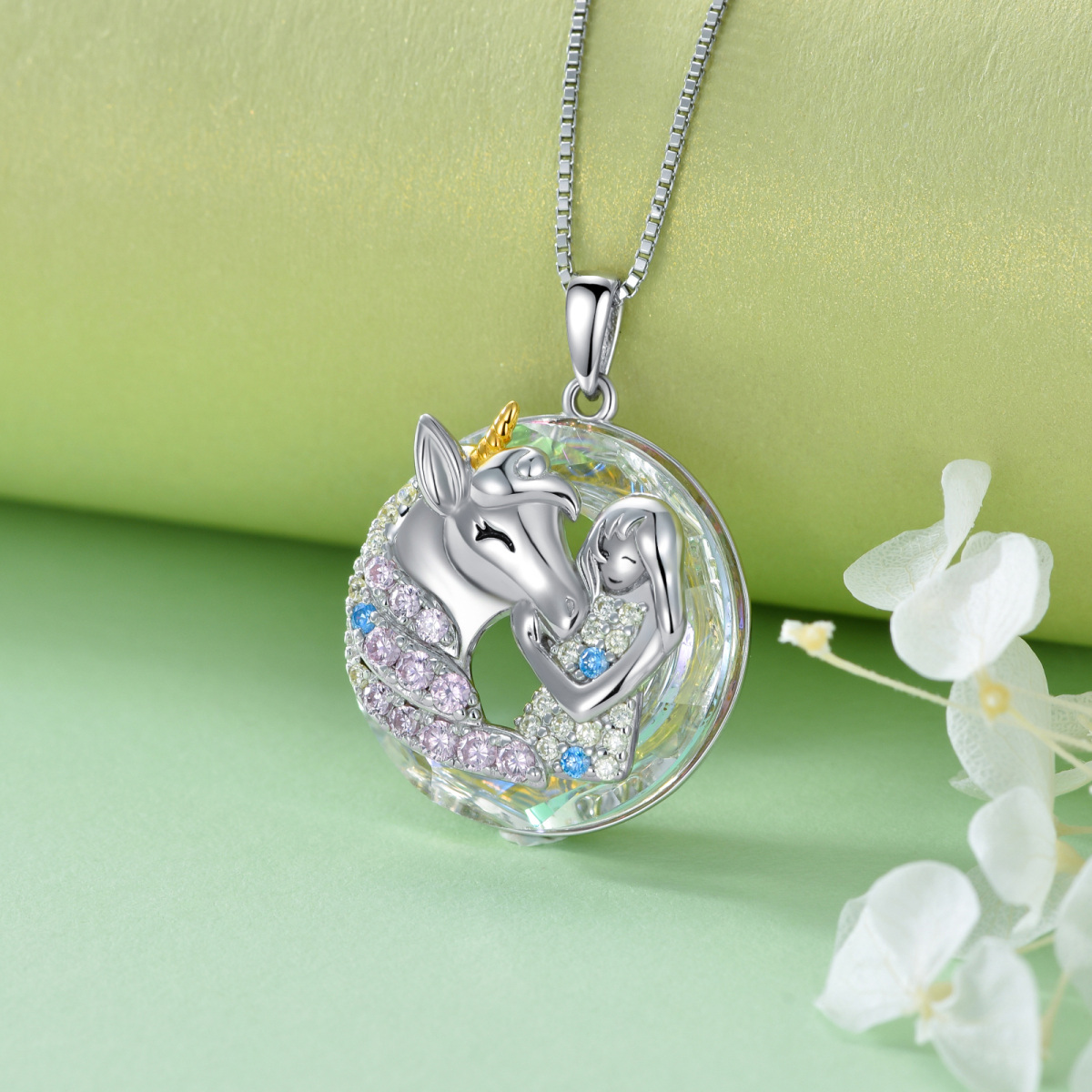 Sterling Silver Two-tone Circular Shaped Unicorn Crystal Pendant Necklace-3