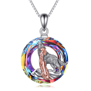 Sterling Silver Two-tone Circular Shaped Vintage Wolf & Girl Crystal Pendant Necklace-18