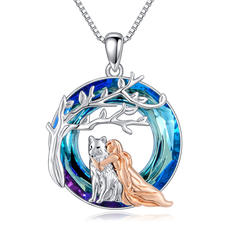Sterling Silver Two-tone Circular Shaped Wolf & Girl Crystal Pendant Necklace-4