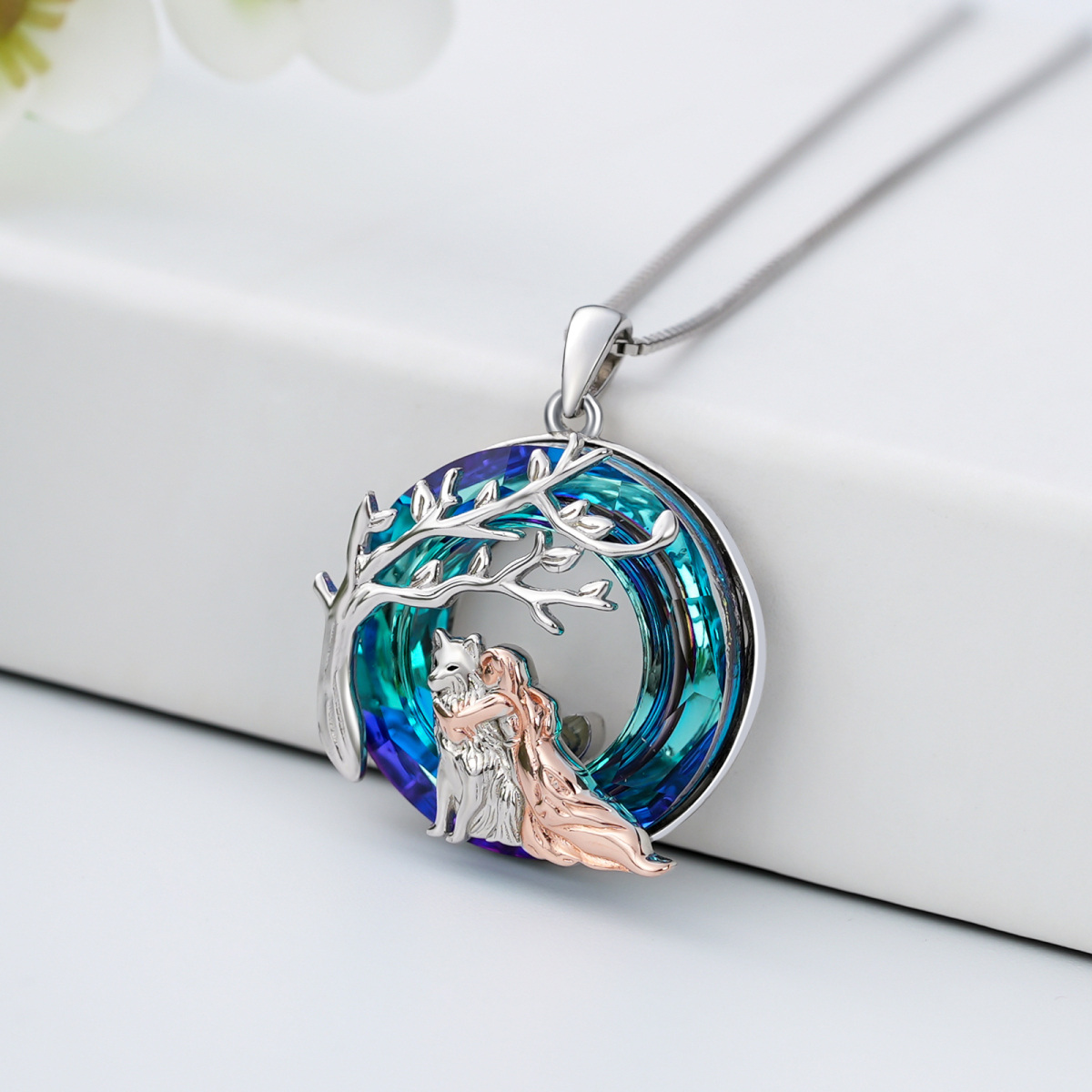 Sterling Silver Two-tone Circular Shaped Wolf & Girl Crystal Pendant Necklace-3