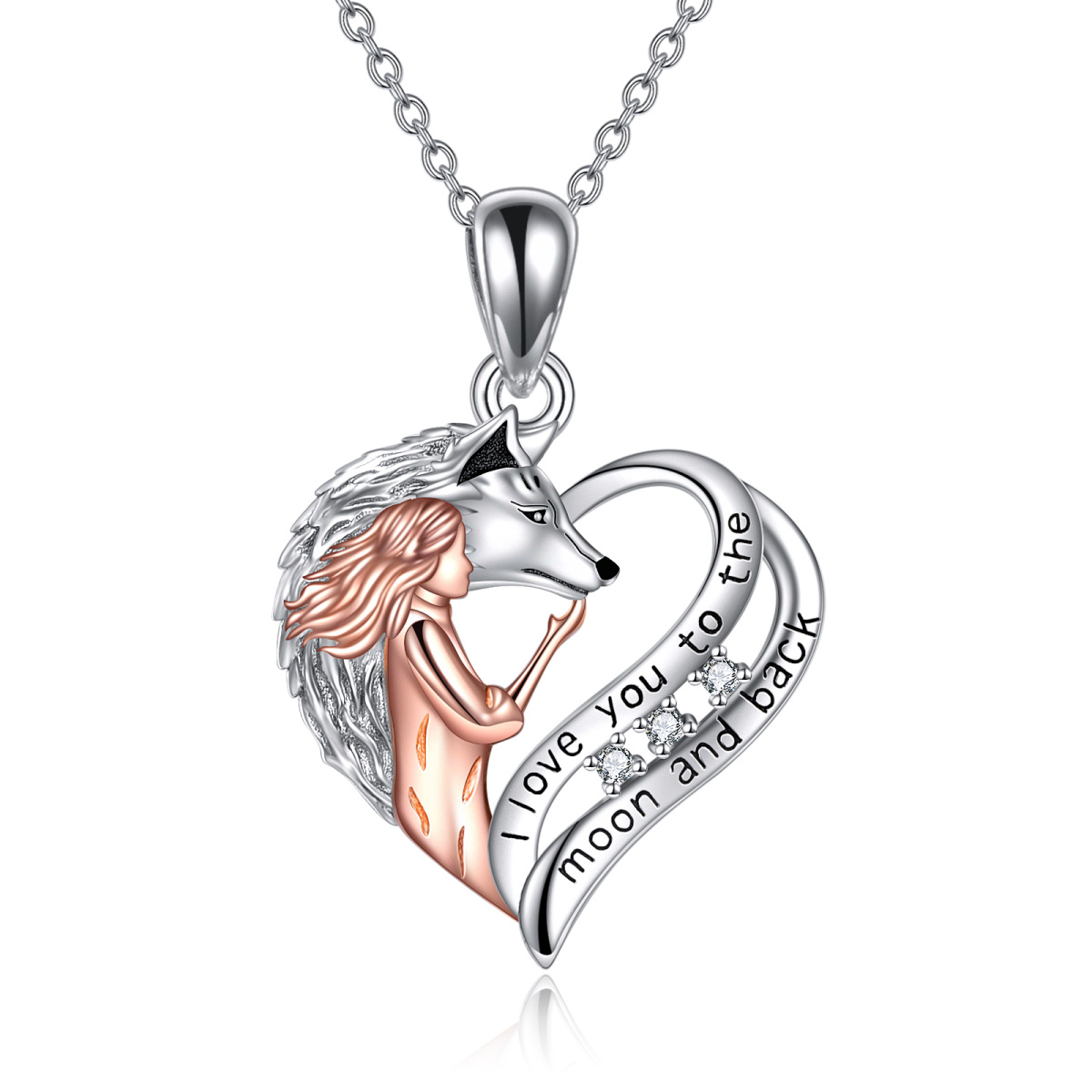 Sterling Silver Two-tone Circular Shaped Cubic Zirconia Wolf & Heart Pendant Necklace with Engraved Word-1