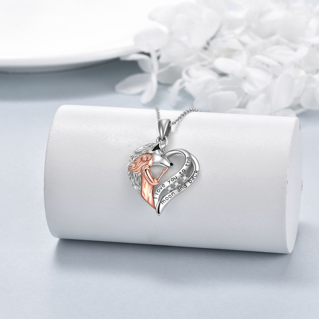 Sterling Silver Two-tone Circular Shaped Cubic Zirconia Wolf & Heart Pendant Necklace with Engraved Word-3