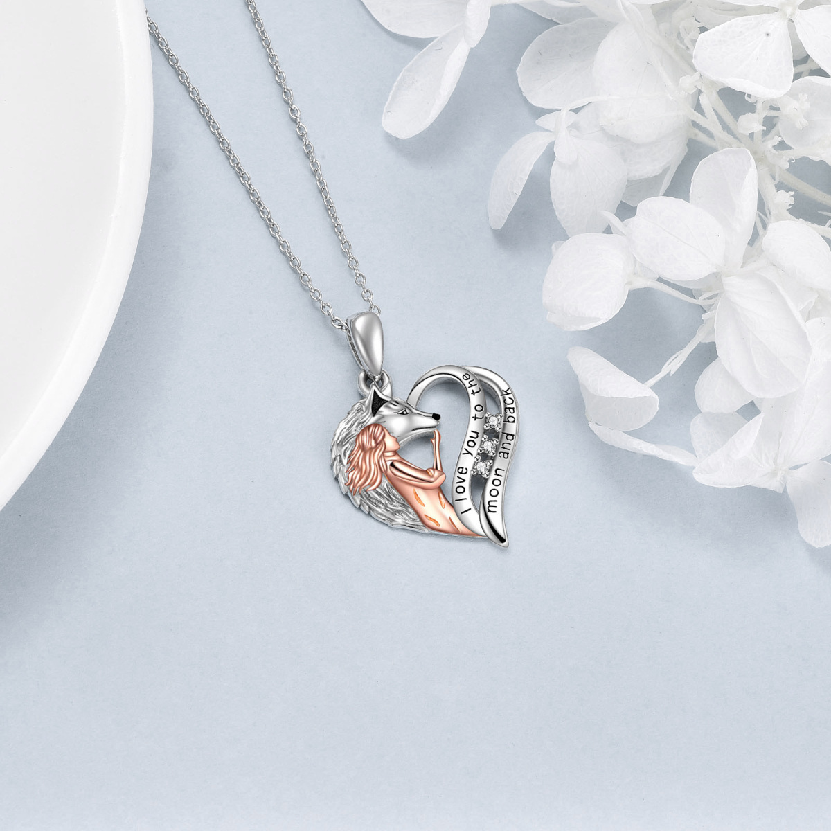 Sterling Silver Two-tone Circular Shaped Cubic Zirconia Wolf & Heart Pendant Necklace with Engraved Word-4