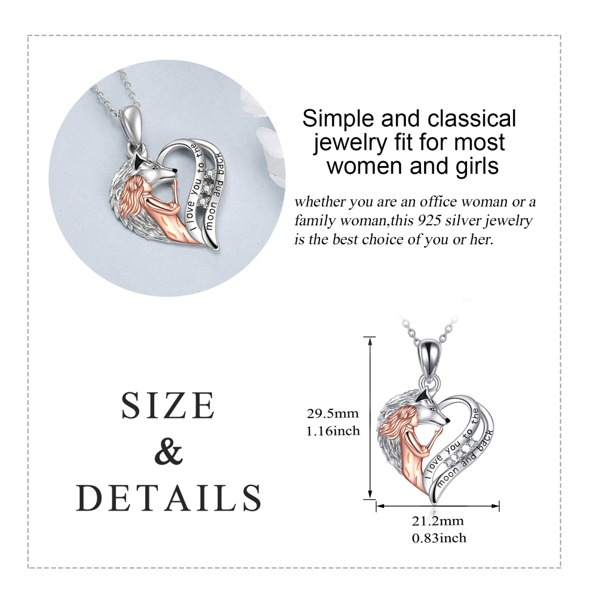 Sterling Silver Two-tone Circular Shaped Cubic Zirconia Wolf & Heart Pendant Necklace with Engraved Word-5