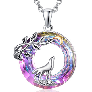 Sterling Silver Two-tone Circular Shaped Wolf & Moon Crystal Pendant Necklace-2