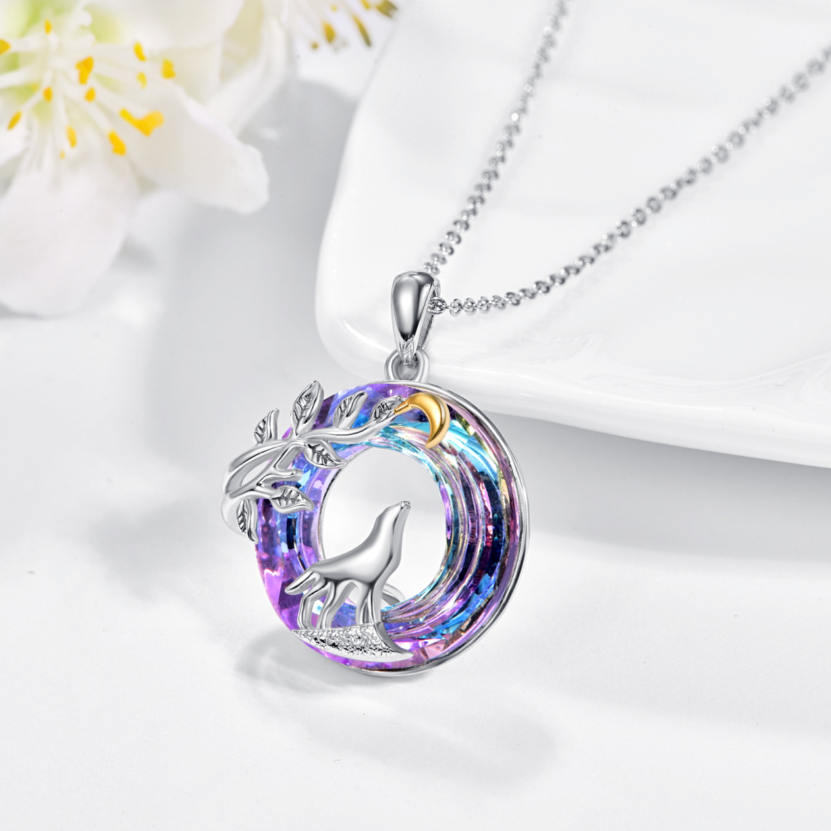 Sterling Silver Two-tone Circular Shaped Wolf & Moon Crystal Pendant Necklace-4