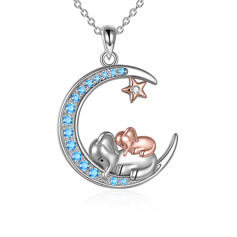 Sterling Silver Two-tone Circular Shaped Zircon Elephant & Moon & Star Pendant Necklace