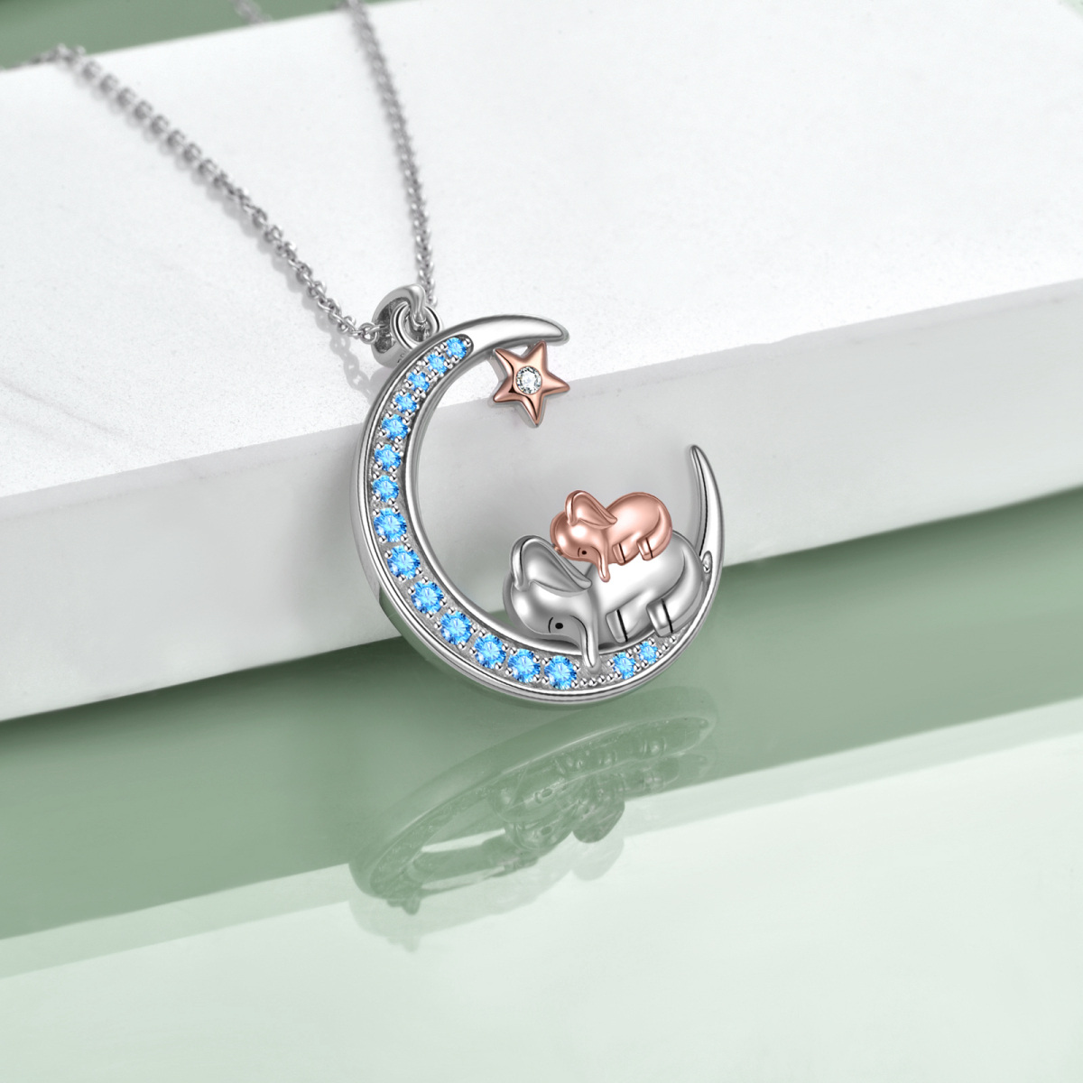 Sterling Silver Two-Tone Circular Zircon Elephant With Moon Pendant Necklace For Women-4