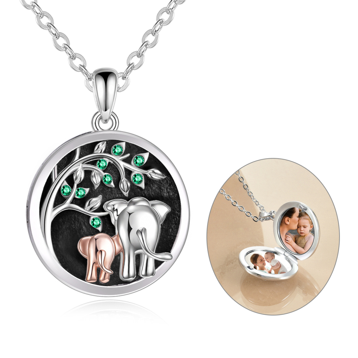 Sterling Silver Two-tone Circular Shaped Zircon Elephant Personalized Photo Locket Necklace-1