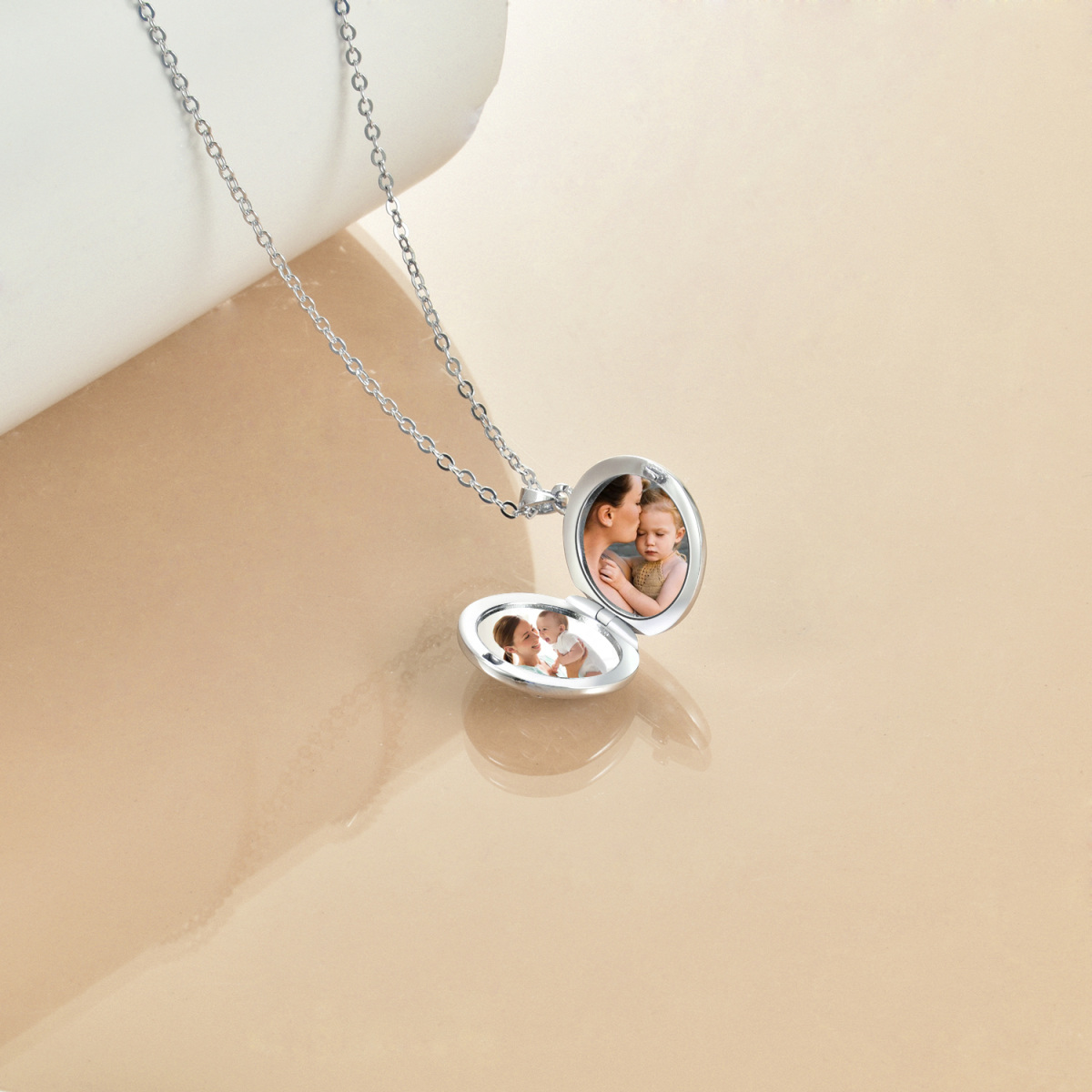 Sterling Silver Two-tone Circular Shaped Zircon Elephant Personalized Photo Locket Necklace-3