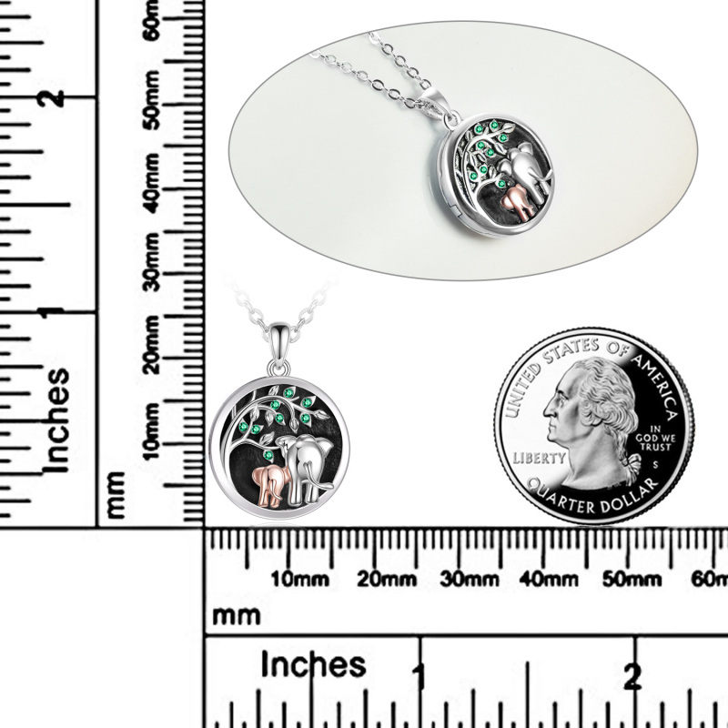 Sterling Silver Two-tone Circular Shaped Zircon Elephant Personalized Photo Locket Necklace-4