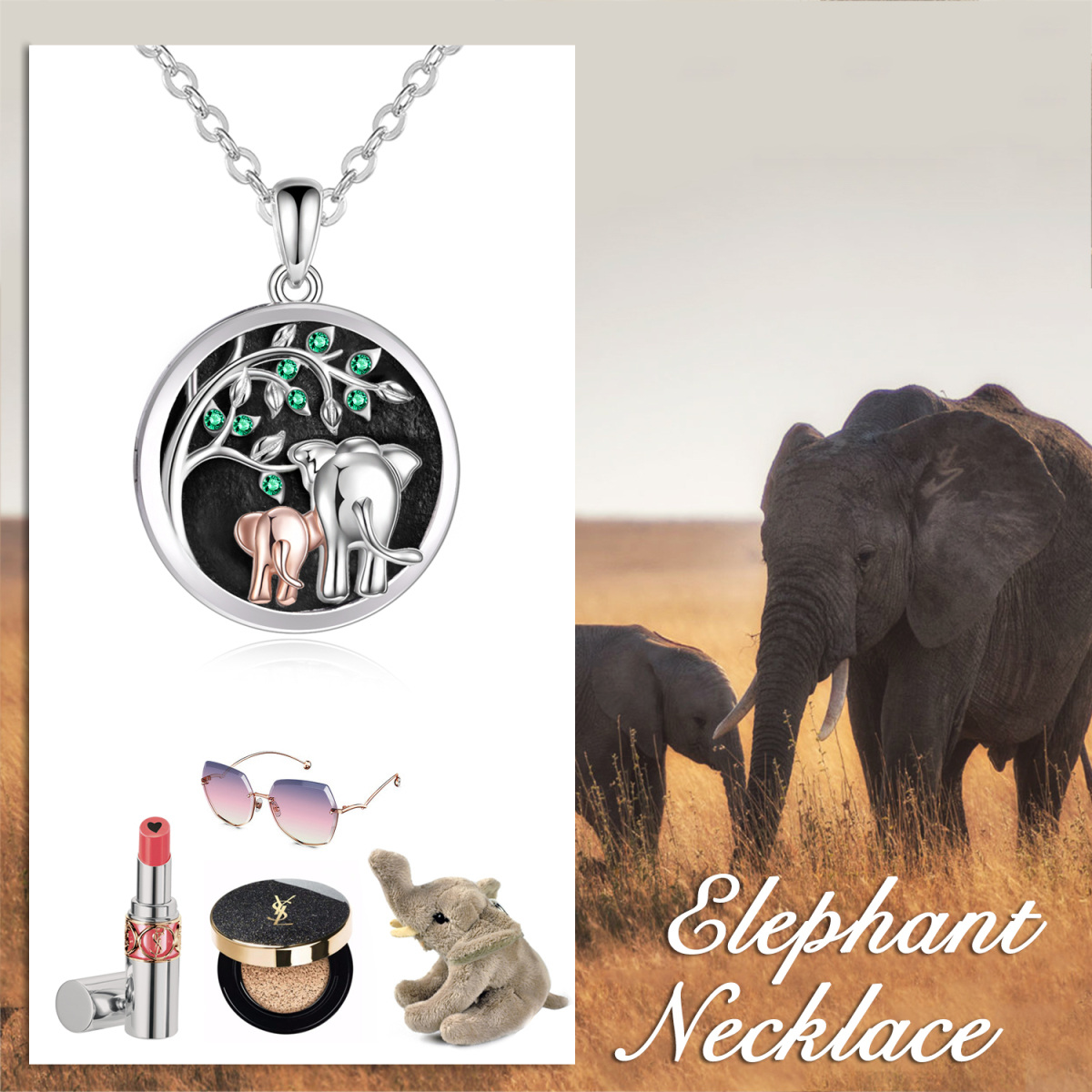 Sterling Silver Two-tone Circular Shaped Zircon Elephant Personalized Photo Locket Necklace-5