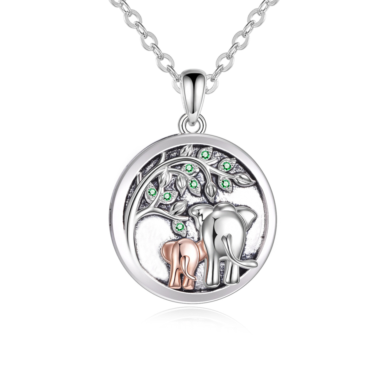 Collar con medallón con foto personalizado de elefante con circonitas en forma circular de dos tonos de plata de ley-1