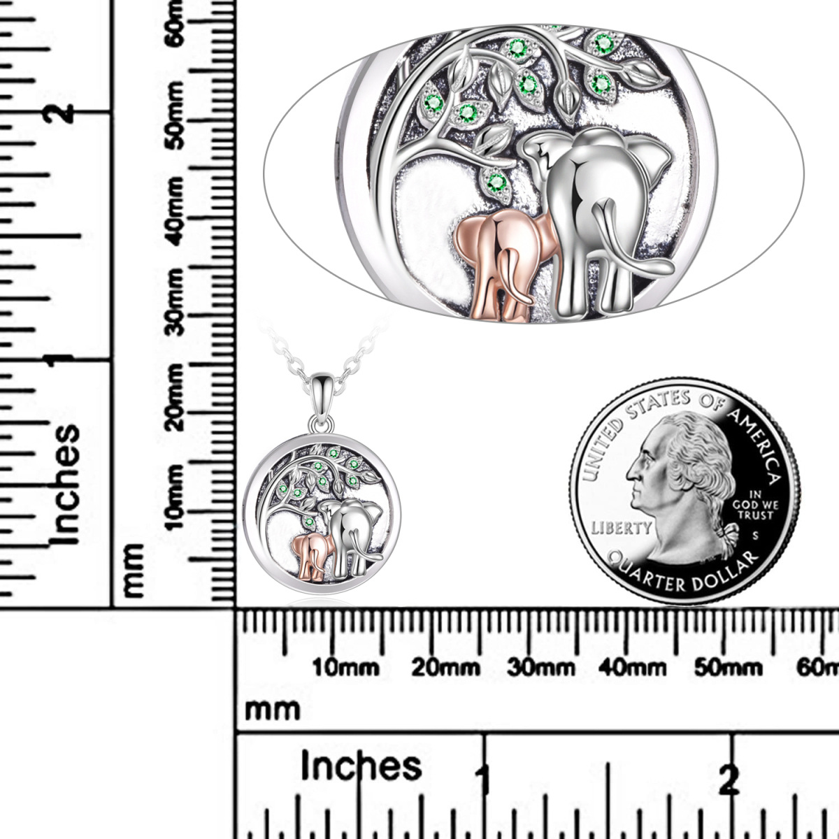 Sterling zilveren tweekleurige cirkelvormige zirkoon olifant gepersonaliseerde fotozakje ketting-2