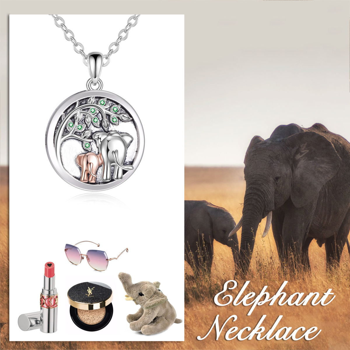 Sterling zilveren tweekleurige cirkelvormige zirkoon olifant gepersonaliseerde fotozakje ketting-3