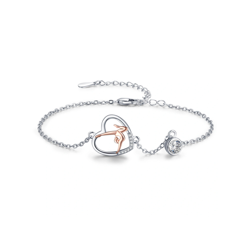 Sterling Silver Two-tone Circular Shaped Zircon Gymnastics Charm Bracelet-14