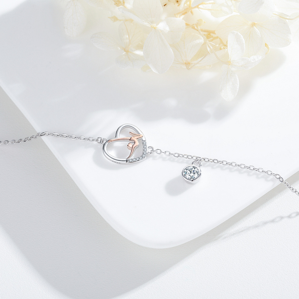 Sterling Silver Two-tone Circular Shaped Zircon Gymnastics Charm Bracelet-3