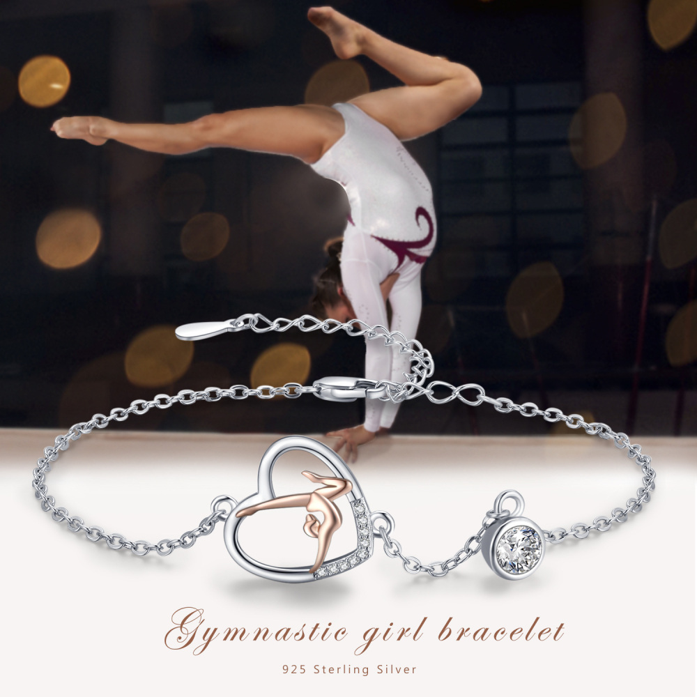 Sterling Silver Two-tone Circular Shaped Zircon Gymnastics Charm Bracelet-4