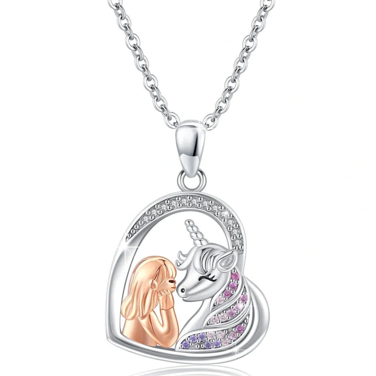 Collana in argento sterling bicolore con ciondolo circolare a forma di cuore e unicorno in zircone-1