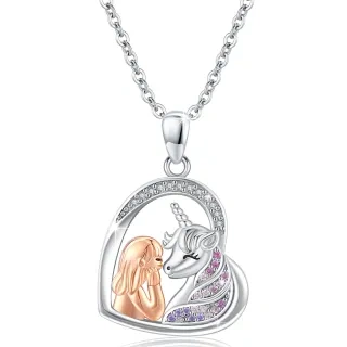 Sterling Silver Two-tone Circular Shaped Zircon Heart & Unicorn Pendant Necklace-1