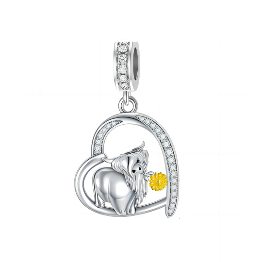 Charm bicolore in argento sterling a forma di cerchio con zircone, mucca Highland e cuore