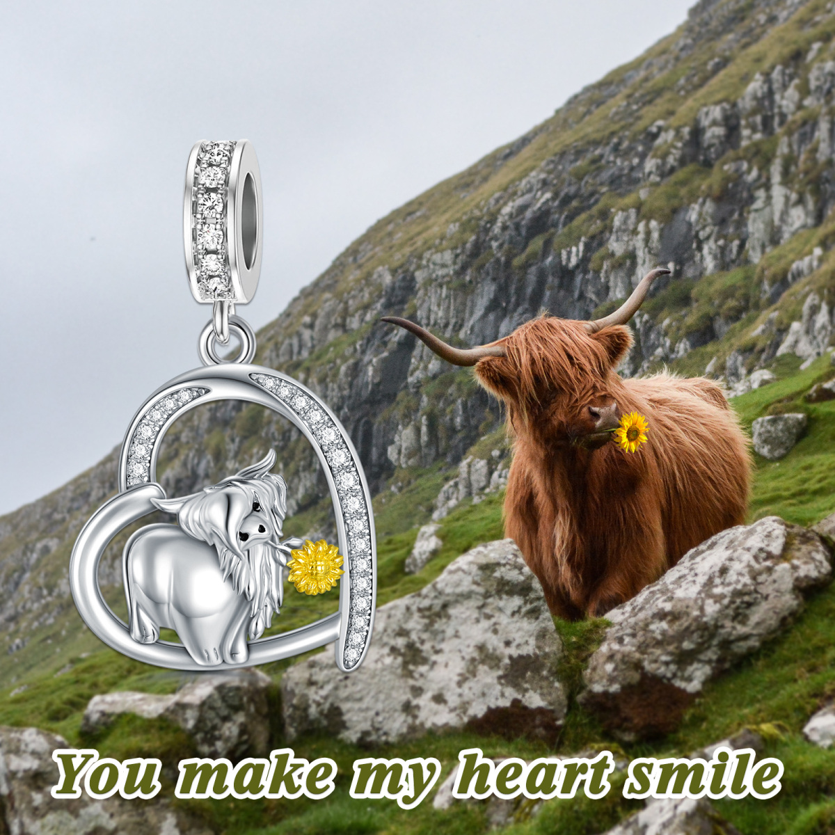 Sterling Silver Two-tone Circular Shaped Zircon Highland Cow & Heart Dangle Charm-3