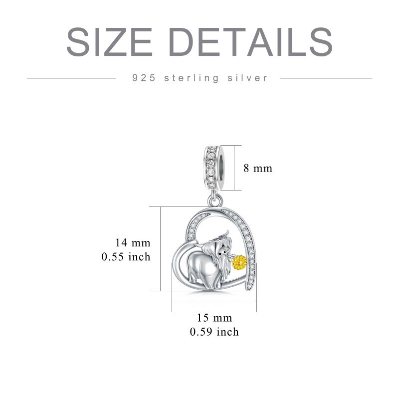 Prata de primeira lei, dois tons, forma circular, zircão, vaca das Terras Altas e pingente-4