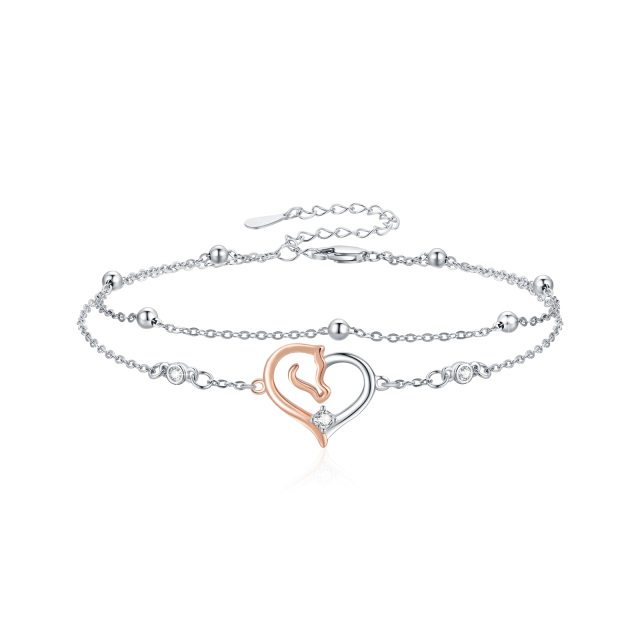 Bracciale bicolore in argento sterling con zircone a forma di cerchio e cuore a strati